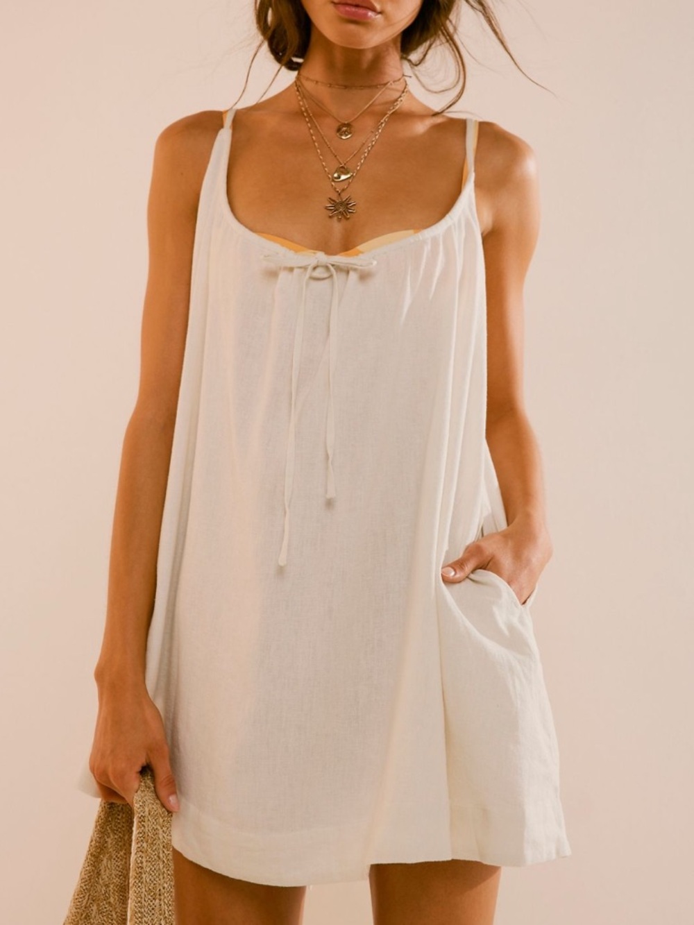 Free People Rae Mini Dress XS Coverup Linen Blend Ivory White